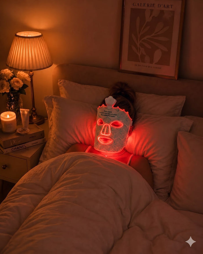 Relaxing in bed with the Lumora LED mask, candle and roses nearby
