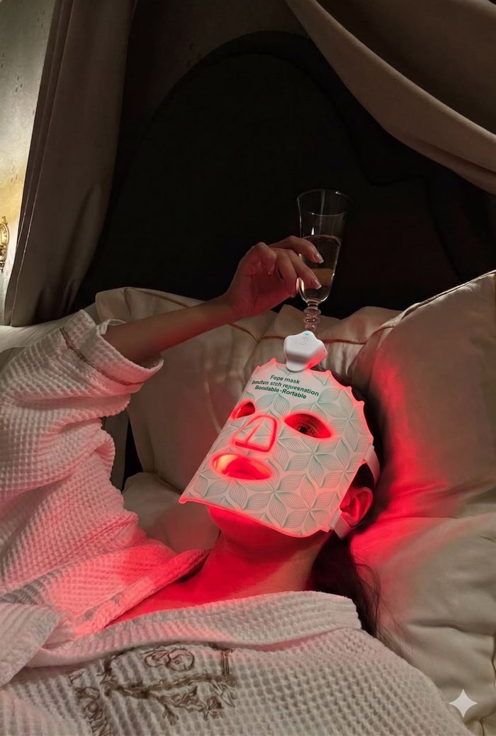 Cozy self-care moment in bed wearing the Lumora LED mask