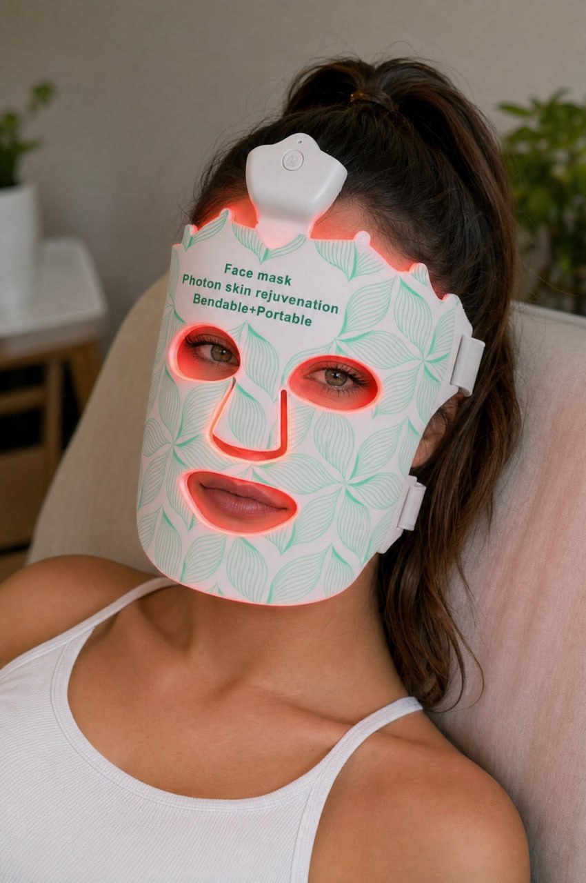 Cozy lifestyle shot of the glowing Lumora LED mask