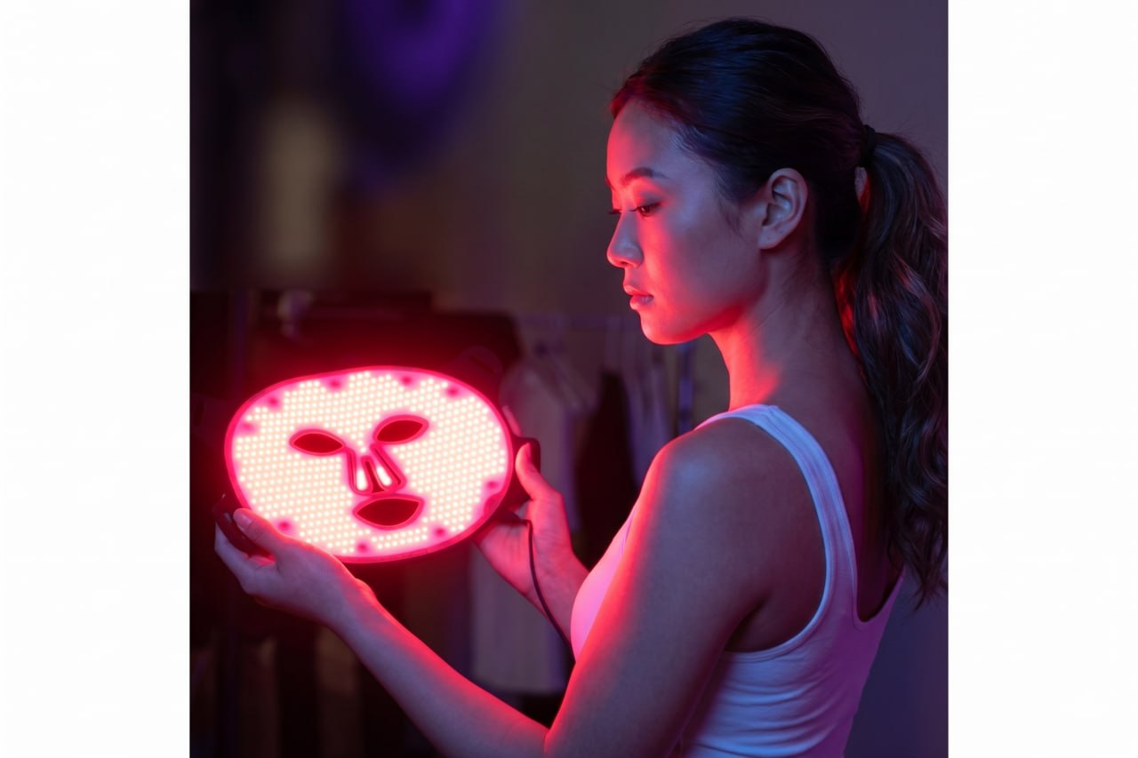 Model holding the glowing Lumora LED light therapy mask