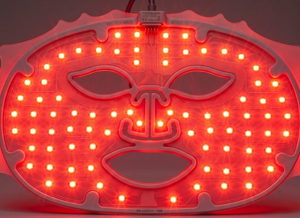 Close-up of the Lumora mask's red LED light